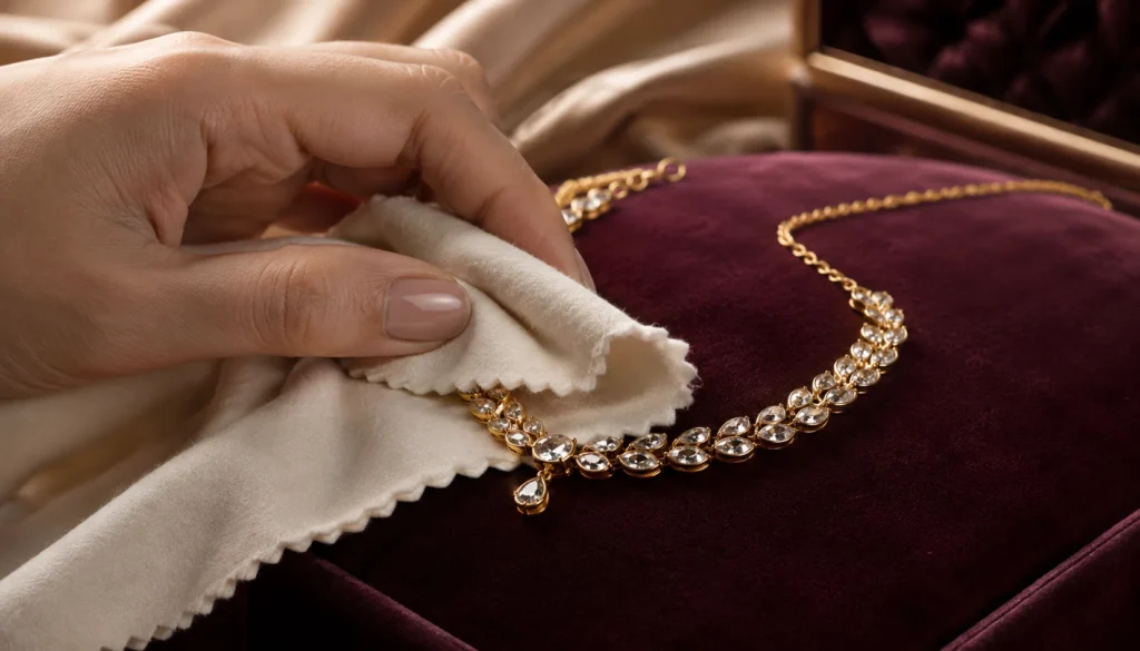 Gold-plated American Diamond necklace being gently wiped with a clean, soft and dry microfibre cloth.