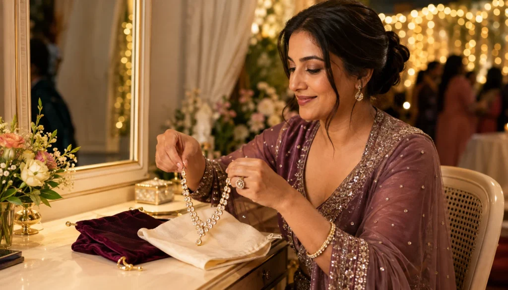 Indian woman placing her gold-plated necklace on a soft cloth after attending a wedding celebration.