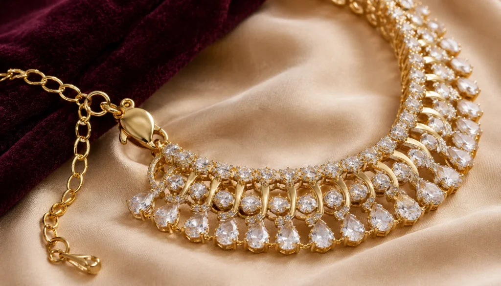 Close-up of a secure clasp, smooth gold plating and carefully finished stone settings on a designer necklace.