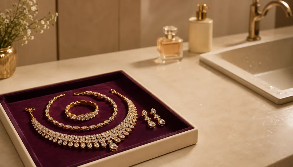 Gold-plated jewellery kept on a dry tray away from water, perfume, lotion and cleaning products.