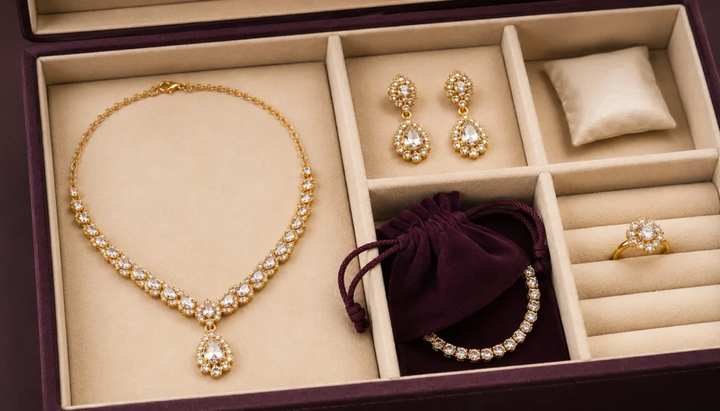 Gold-plated necklaces, earrings, bracelet and ring stored separately in soft pouches and padded jewellery compartments.