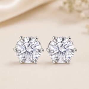Pair of Celeste 12 mm AAA American Diamond solitaire studs in a six-prong silver-toned setting