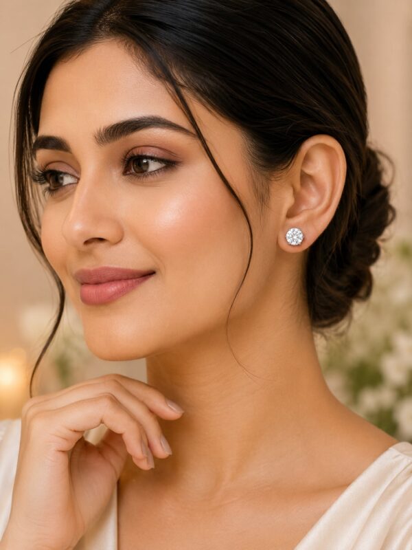 Woman wearing a Celeste 12 mm American Diamond solitaire stud earring