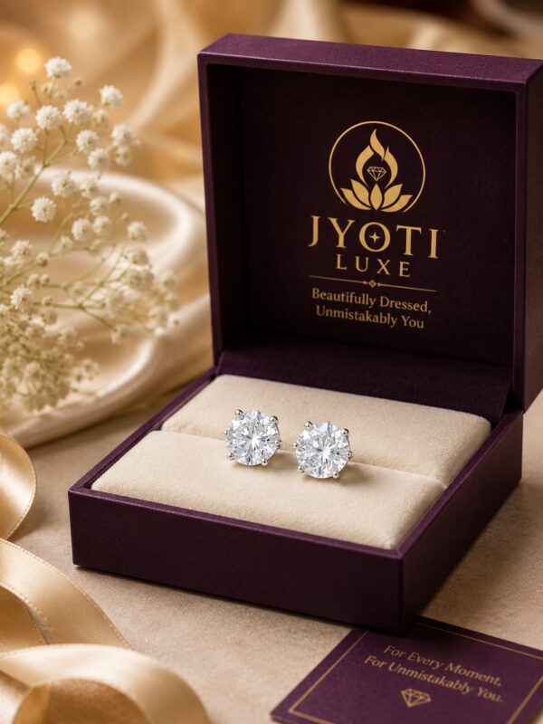 Celeste 12 mm American Diamond solitaire studs displayed in a plum Jyoti Luxe jewellery box