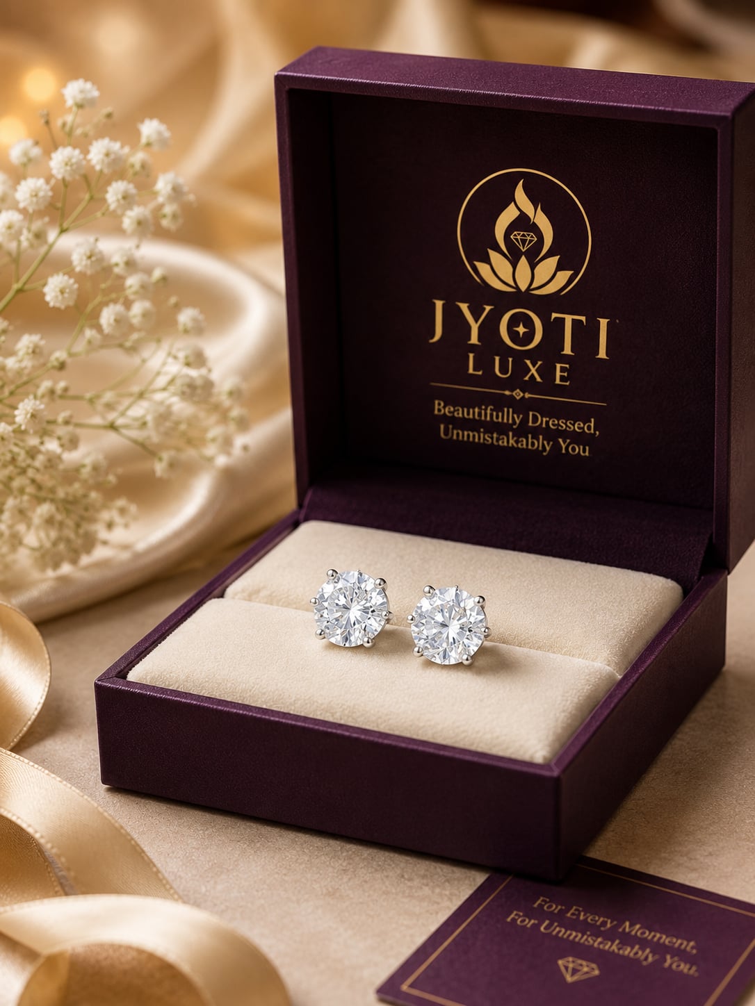 Celeste 12 mm American Diamond solitaire studs displayed in a plum Jyoti Luxe jewellery box