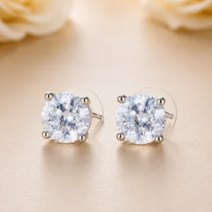 Pair of Celeste Petite 8 mm AAA American Diamond solitaire studs in four-prong silver-toned settings