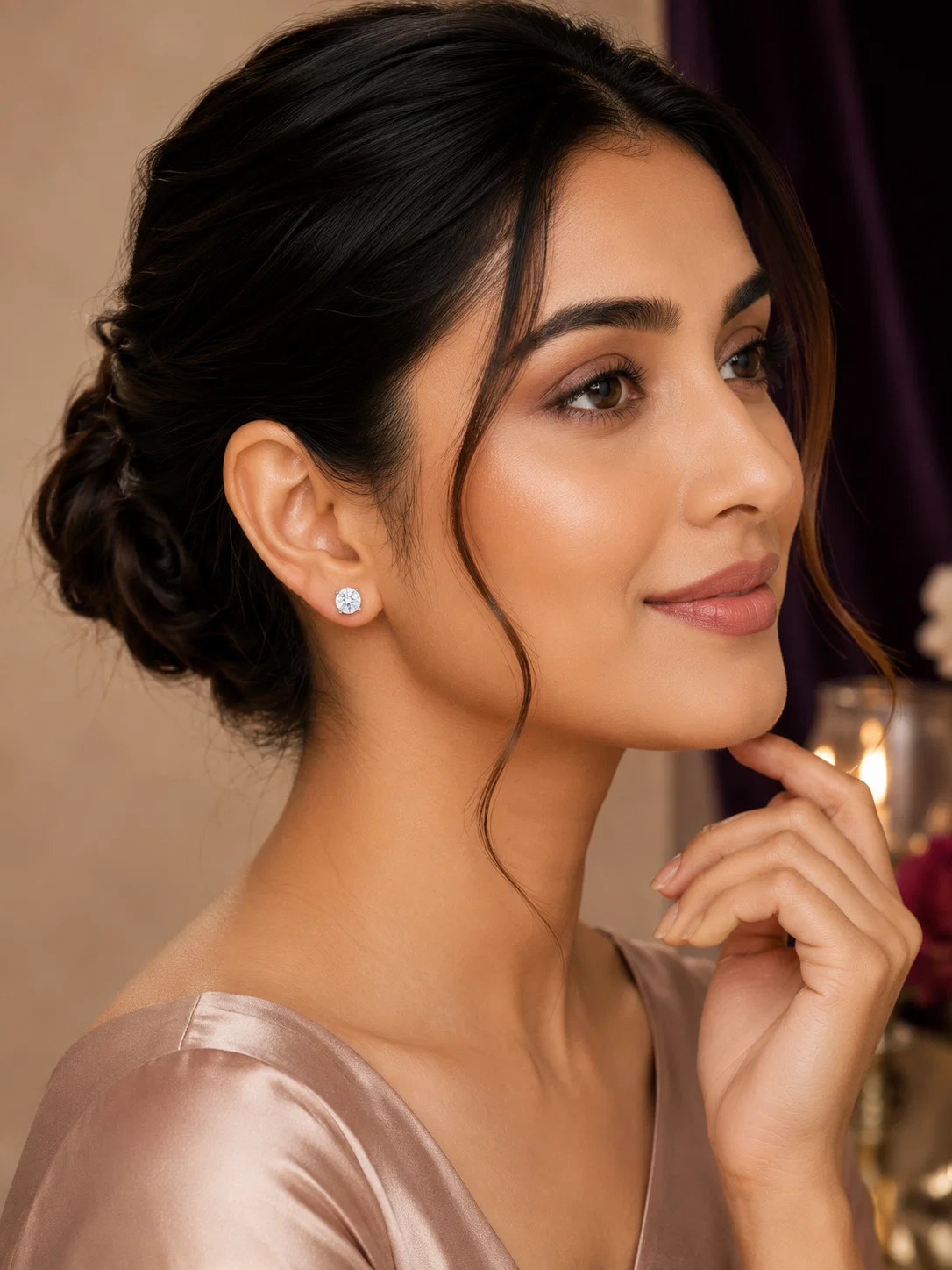 Woman wearing a Celeste Petite 8 mm American Diamond solitaire stud earring