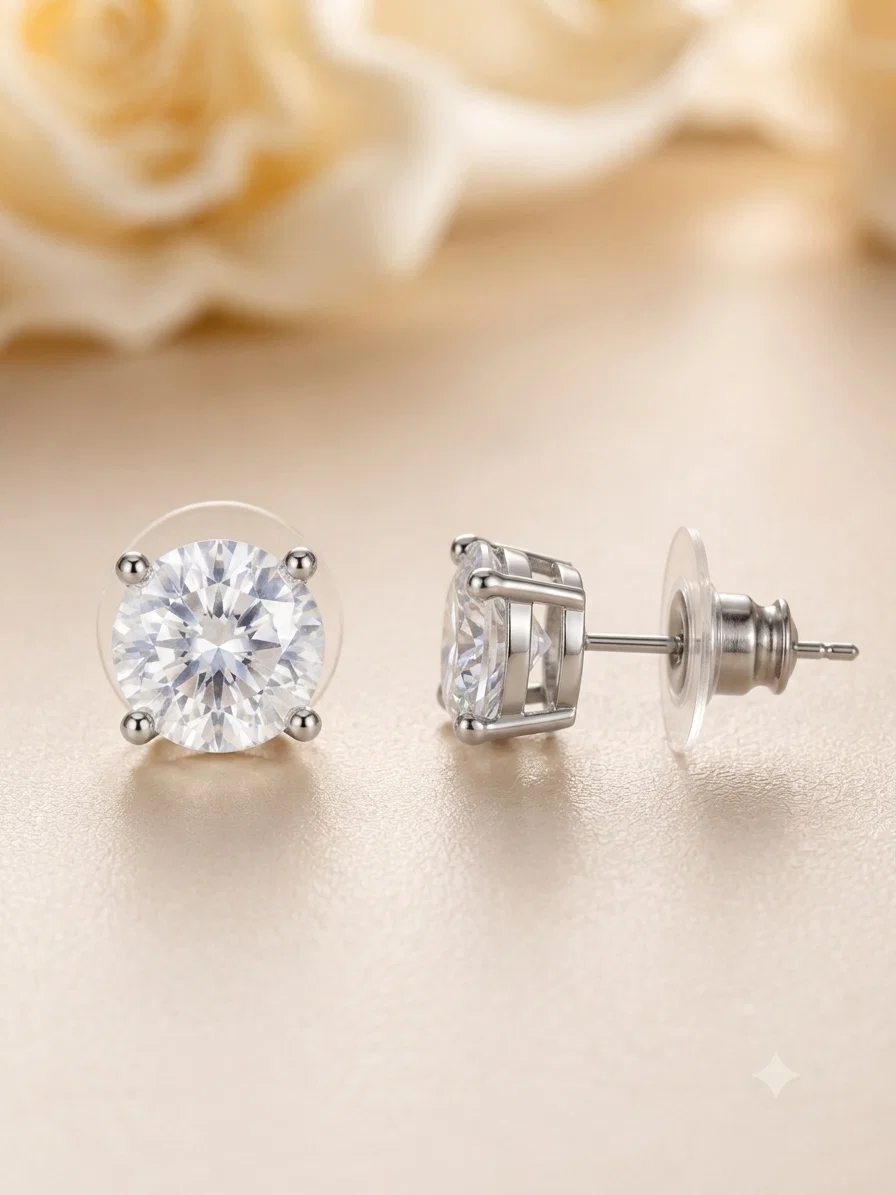 Front, side and post-back views of Celeste Petite rhodium-plated American Diamond stud earrings