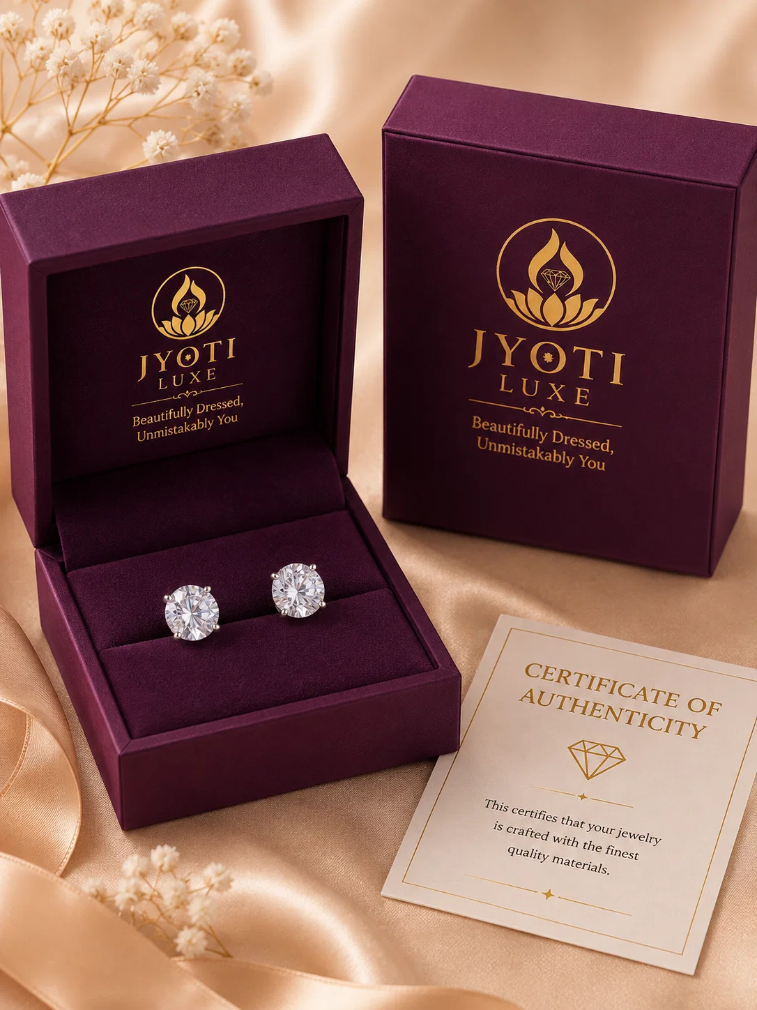 Celeste Petite American Diamond studs displayed with deep-plum Jyoti Luxe packaging