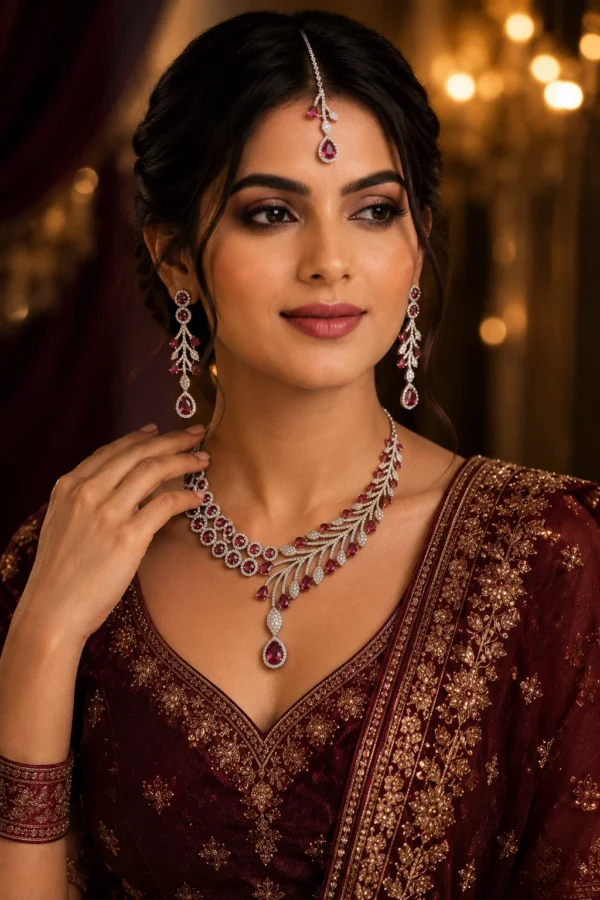 Woman wearing the Crimson Royale crimson AD necklace, matching earrings and maang tikka with a maroon outfit