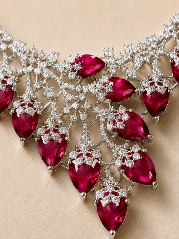 Macro view of maroon pear-shaped stones and AAA CZ floral detailing on the Deep Ruby Royale necklace