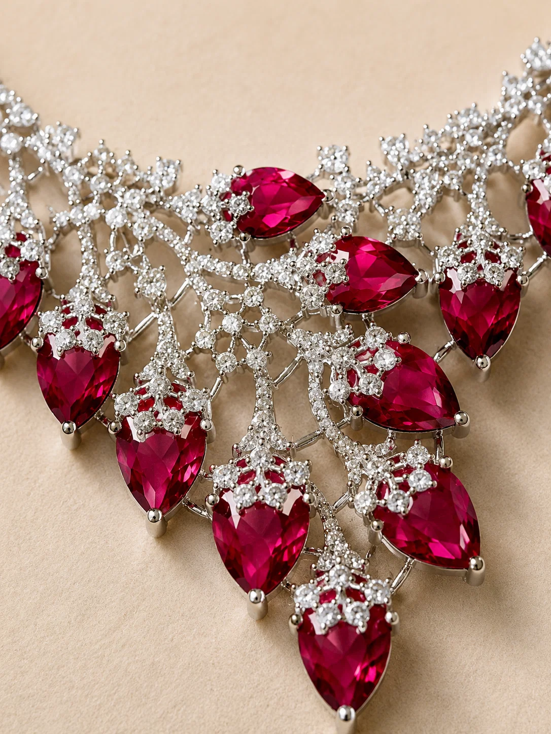 Macro view of maroon pear-shaped stones and AAA CZ floral detailing on the Deep Ruby Royale necklace