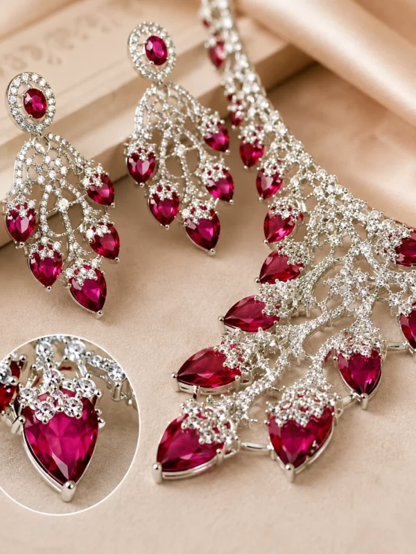Close-up of maroon pear-shaped stones, CZ floral settings and matching earrings in the Deep Ruby Royale set