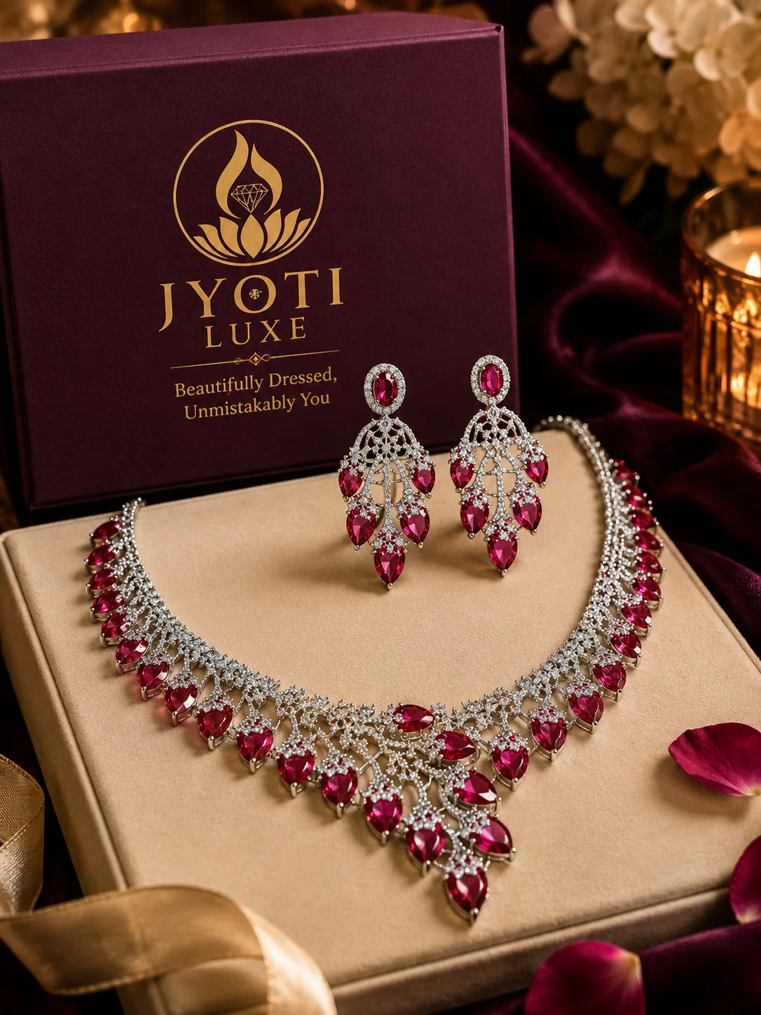 Deep Ruby Royale CZ necklace and earrings displayed with the Jyoti Luxe burgundy presentation box