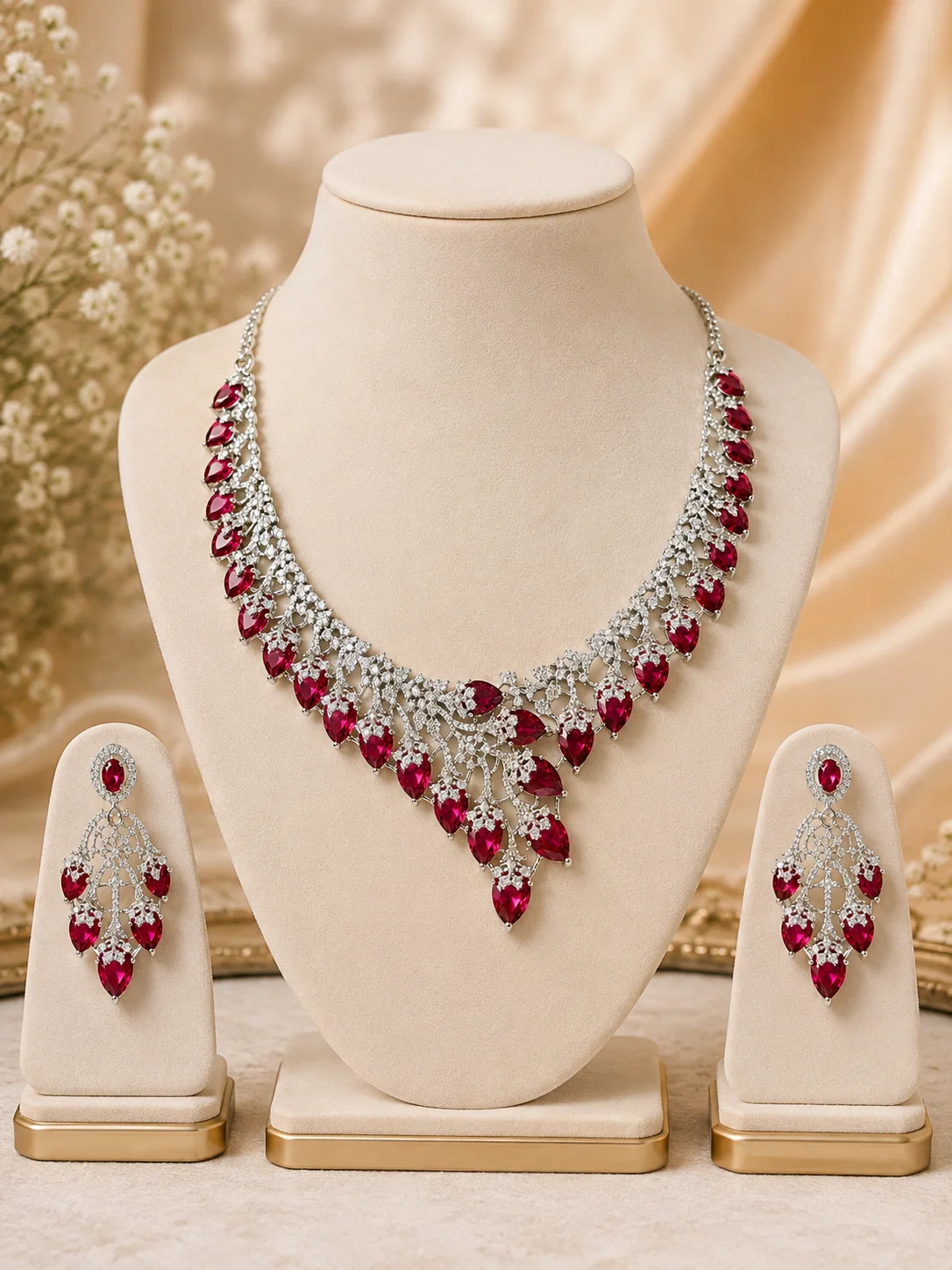 Deep Ruby Royale statement CZ necklace and matching earrings displayed on cream jewellery stands
