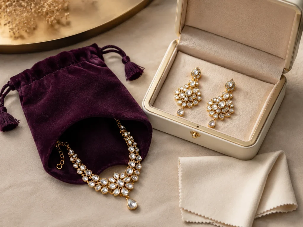 Gold-plated jewellery stored separately in a dry protective pouch
