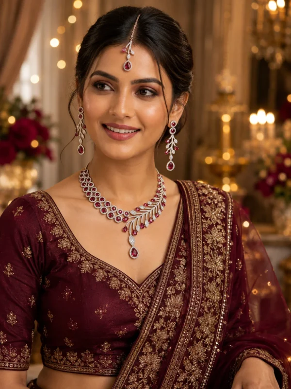 Woman wearing a lightweight crimson American Diamond necklace set with earrings and maang tikka for a wedding