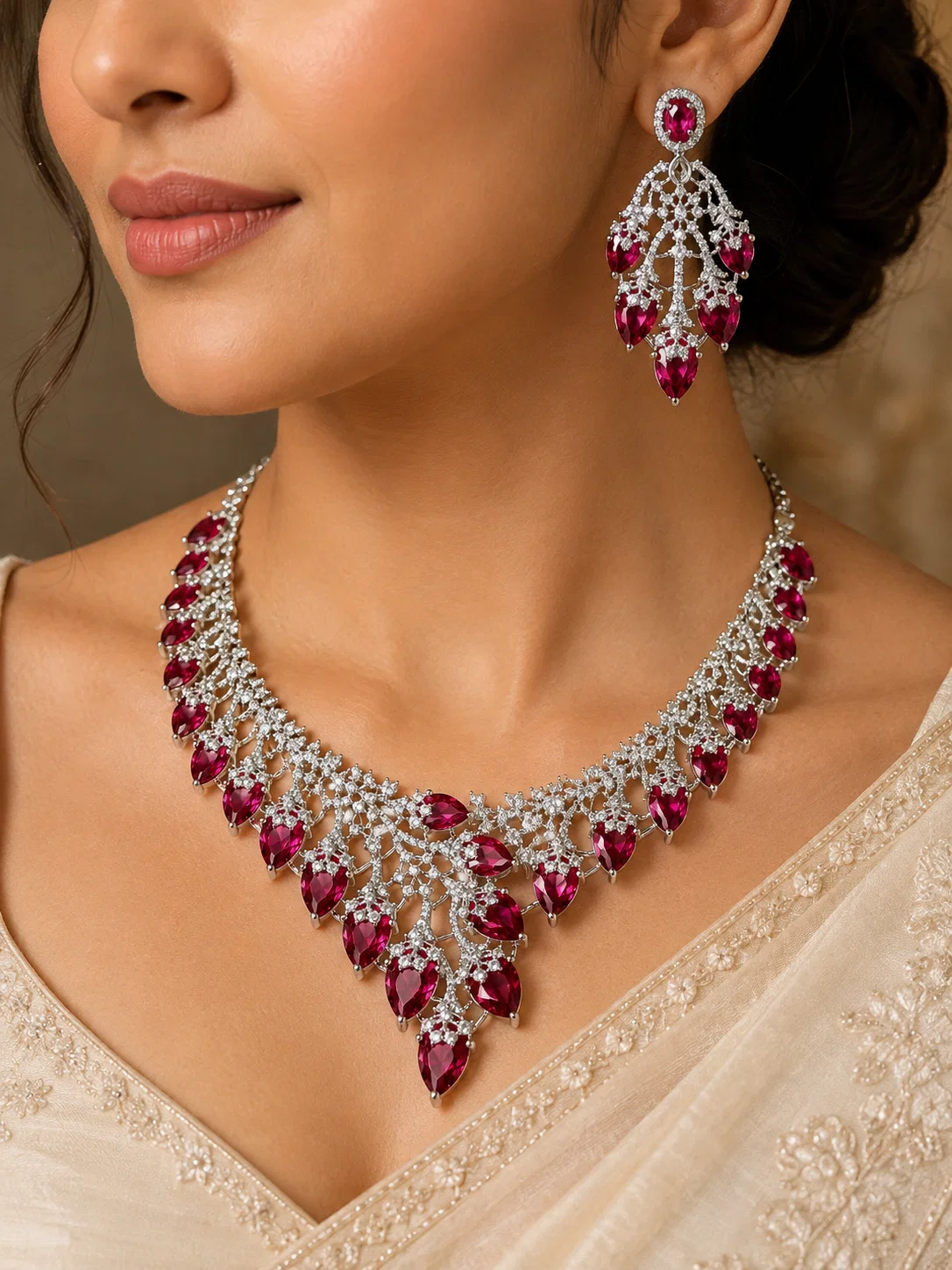Close-up of woman wearing the Deep Ruby Royale statement necklace and chandelier earrings with an ivory saree