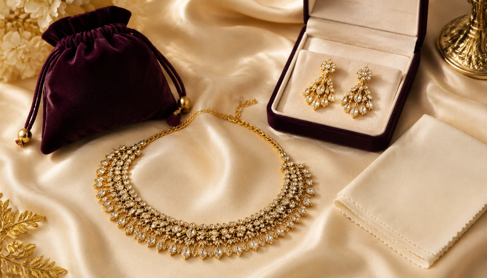 Gold-plated American Diamond necklace and earrings arranged on ivory silk beside a deep-plum jewellery pouch.