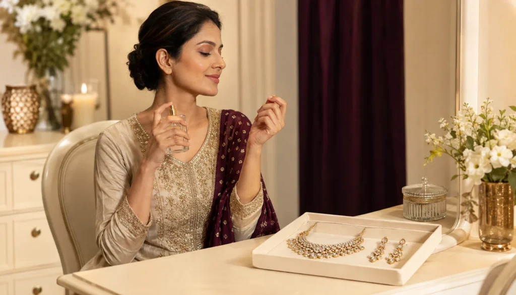 Indian woman applying perfume before wearing gold-plated jewellery placed safely on a dressing-table tray.